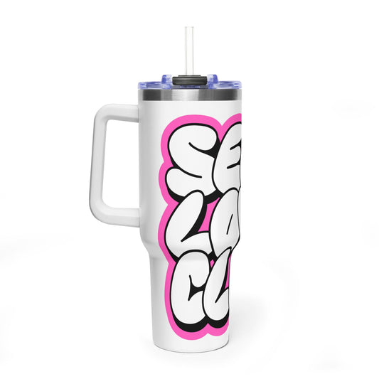 40oz Vacuum Tumbler — Bold Pink Bubble Letter ‘Self Love Club’ Travel Mug